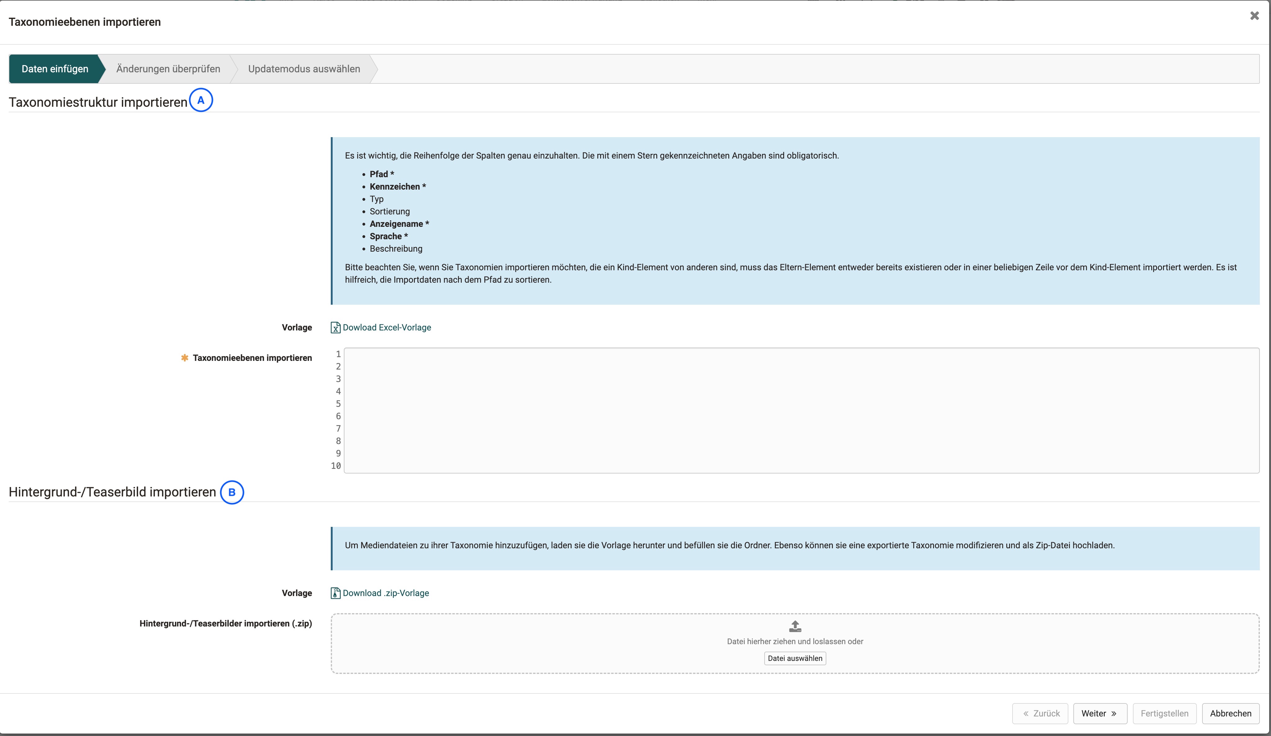 Schritt eins des Wizards - taxonomie importieren