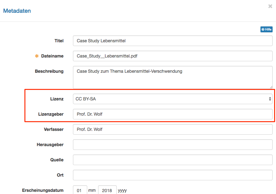 Metadaten Lizenz