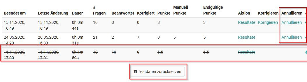 Test annulieren oder zurücksetzen