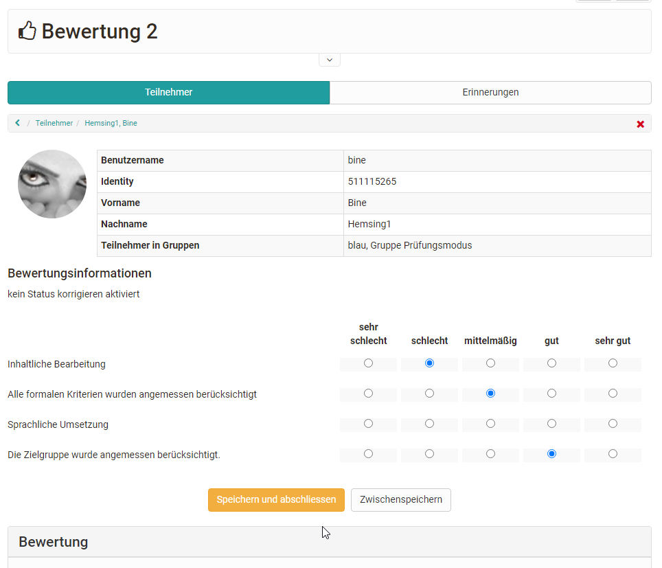 Rubrikbewertung am Teilnehmenden