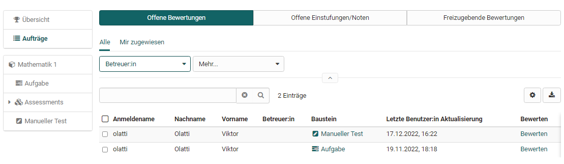 Assessment tool orders