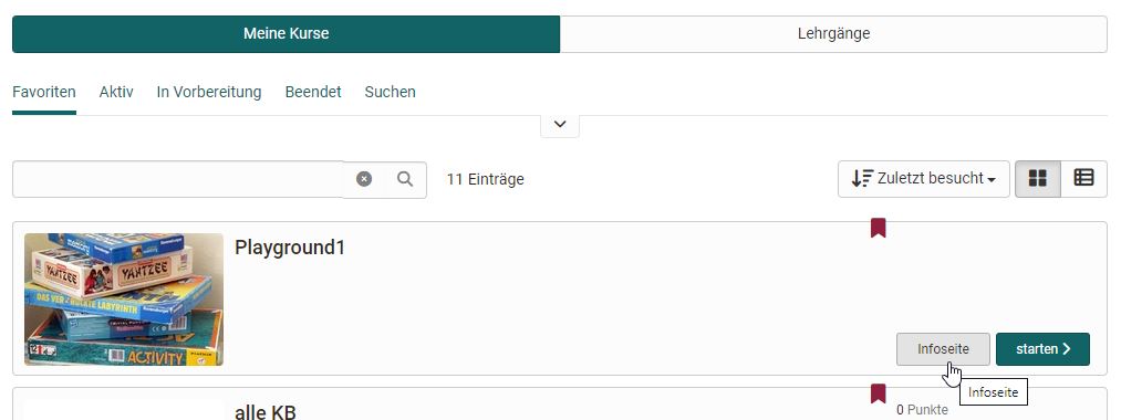 Infoseiten Link unter Meine Kurse