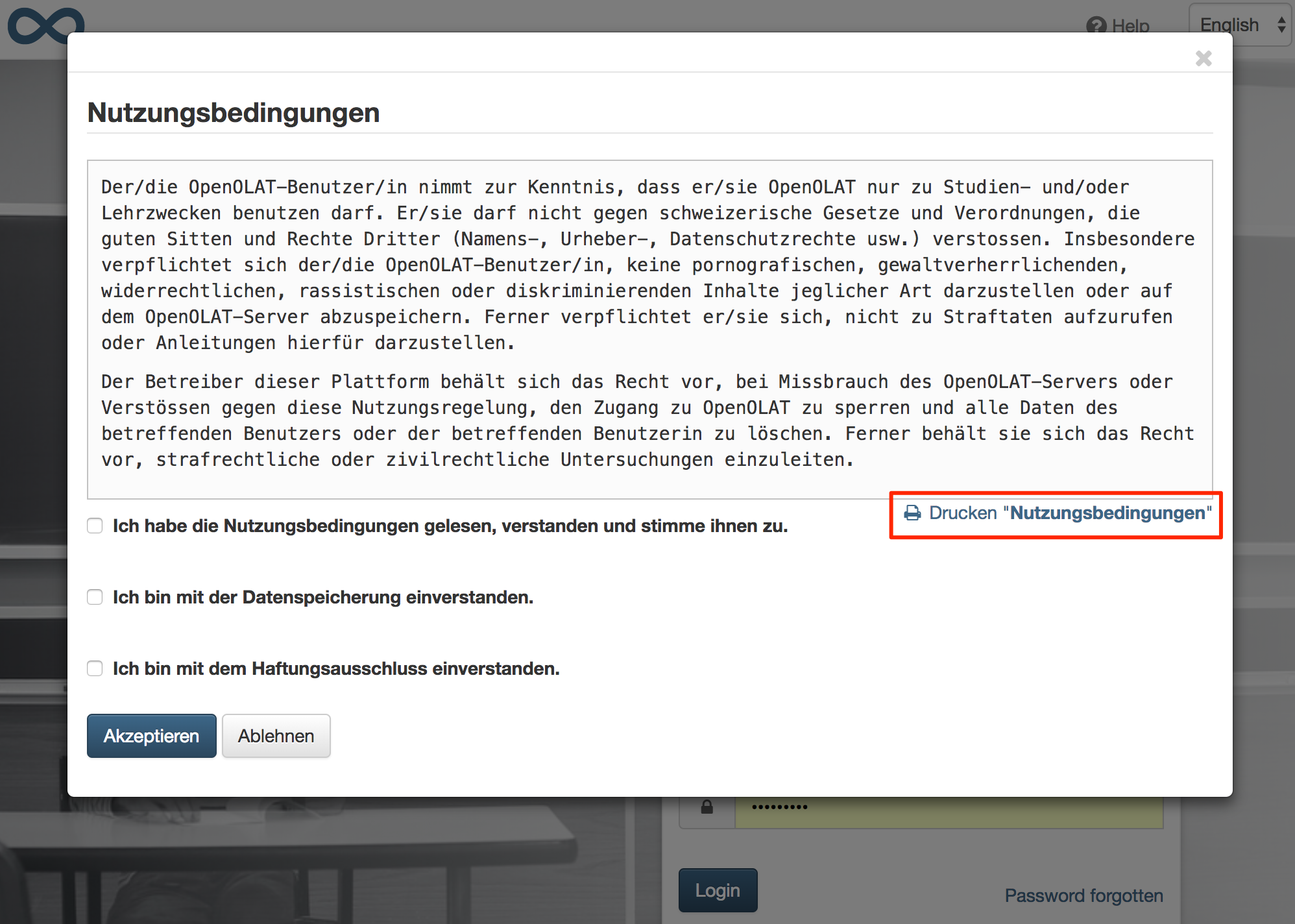 Nutzungsbedingungen drucken nach Login