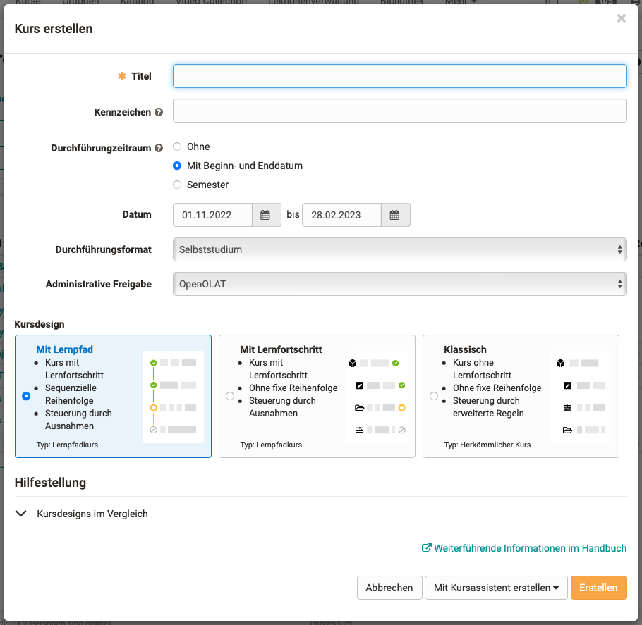 Optimierter Wizard zur Erstellung von Kursen