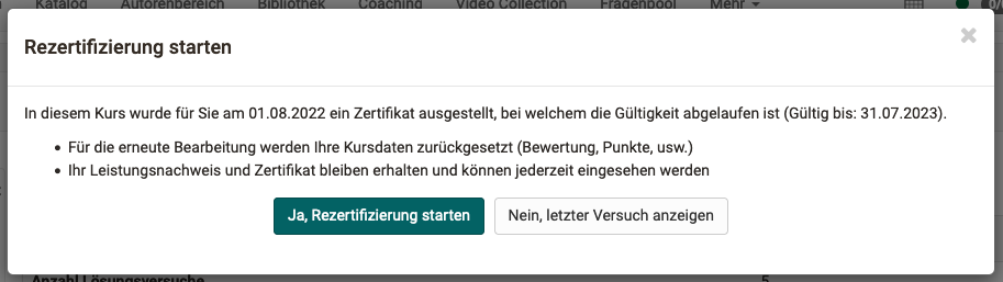 Start der Kurs-Rezertifizierung