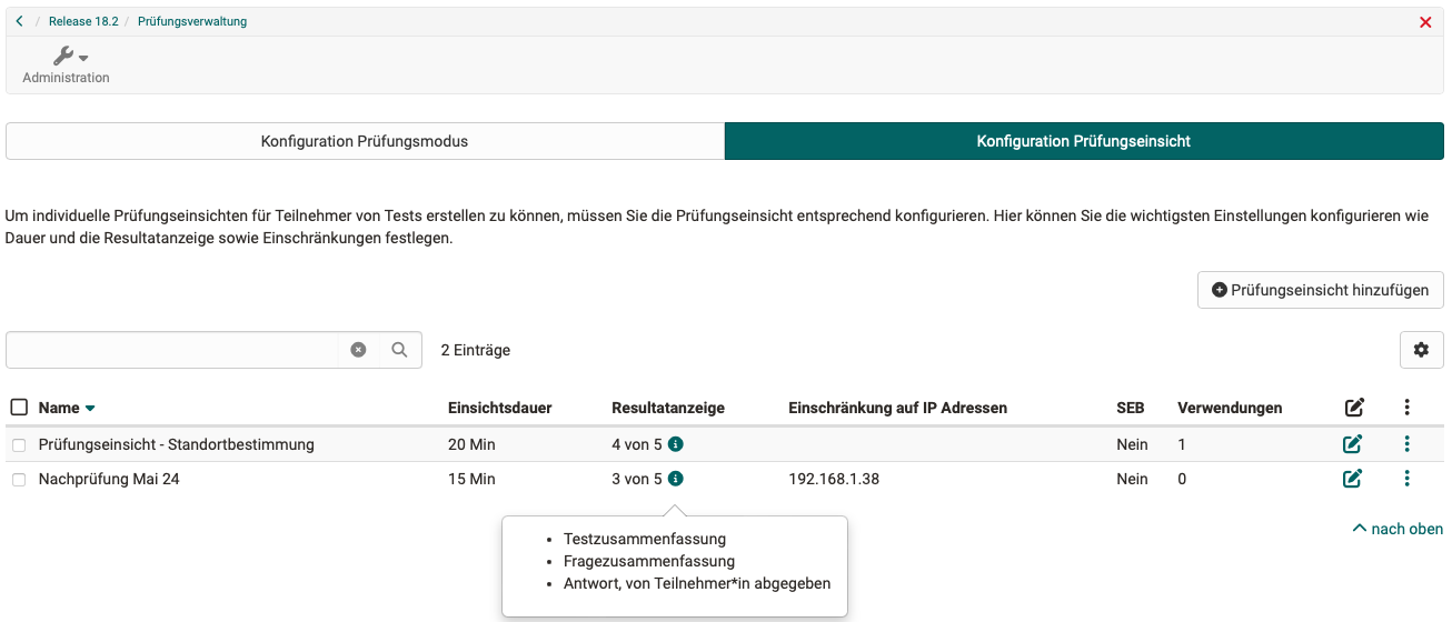 Prüfungseinsicht - Konfiguration