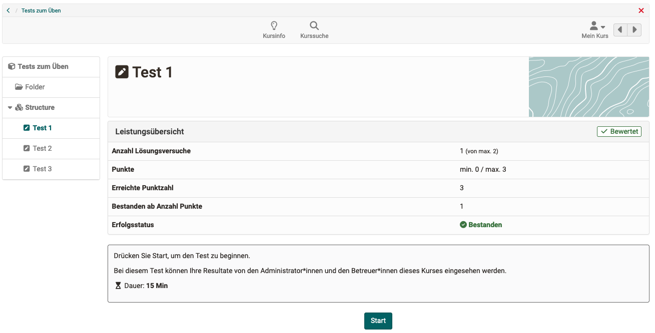 Alte Darstellung der Leistungsübersicht und Test-Startseite