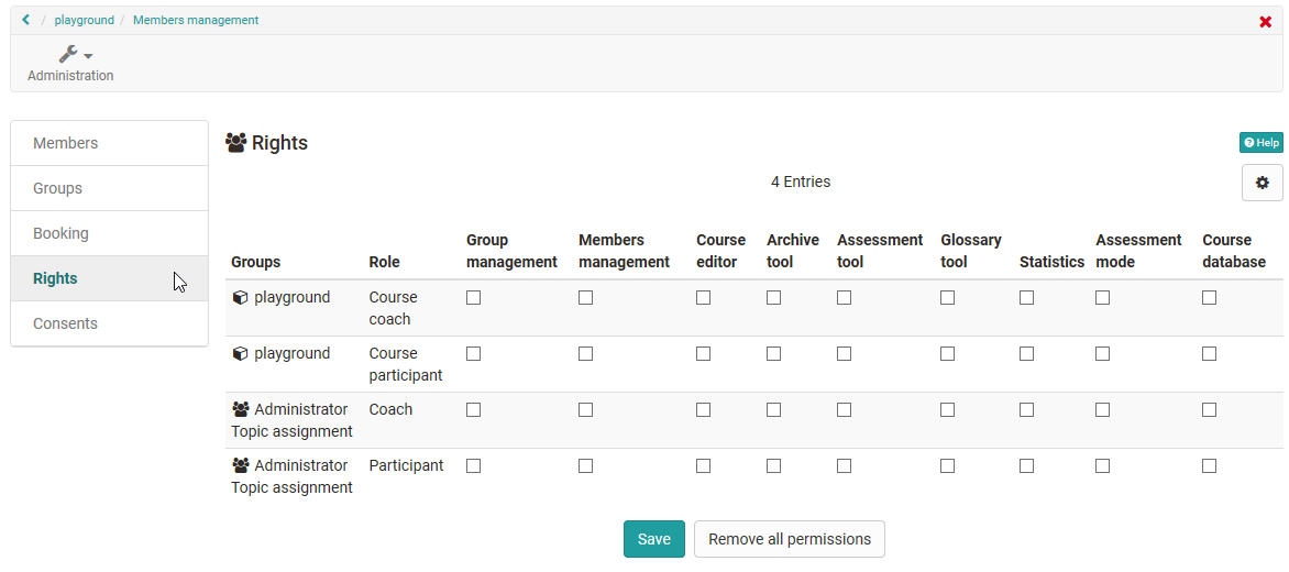 Course rights additional configuration