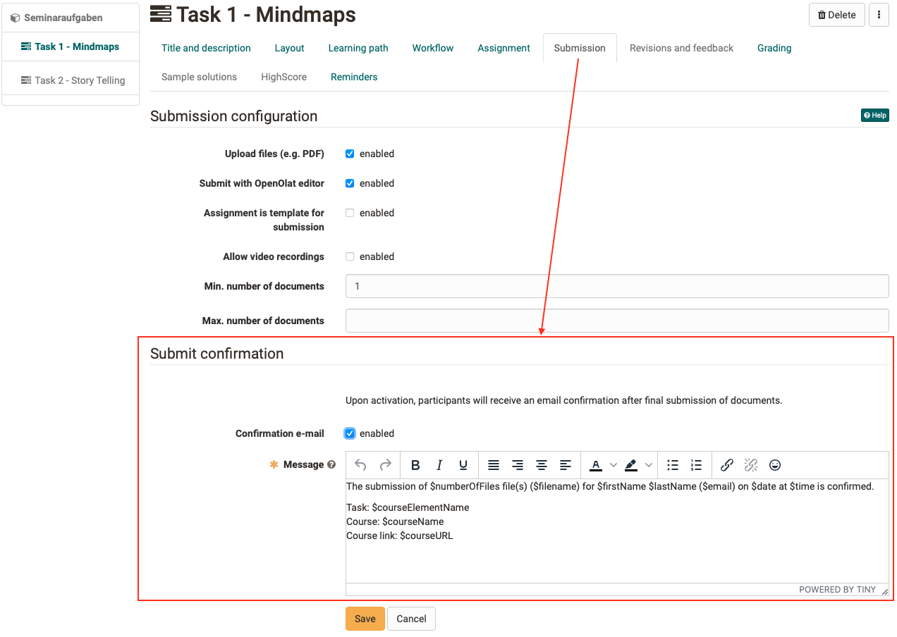 Task module - confirmation email after submission