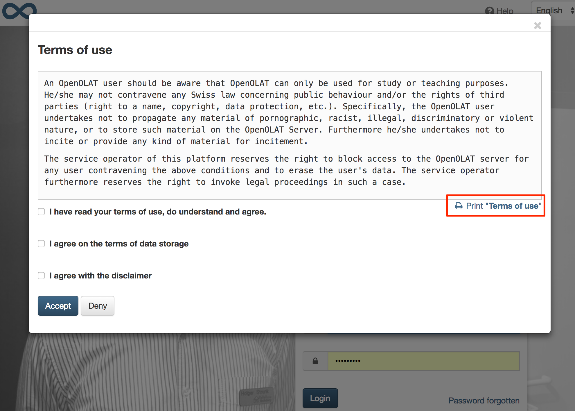 Print Terms of use on Login