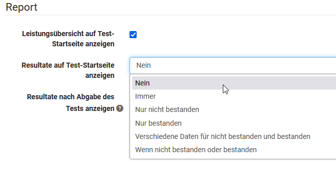 Test Report Einstellungen