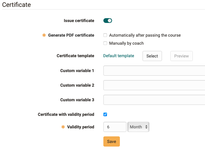 Activate certificate function in course