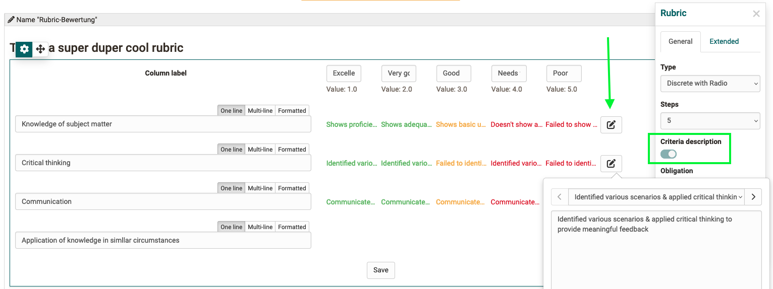 Rubric description in editor