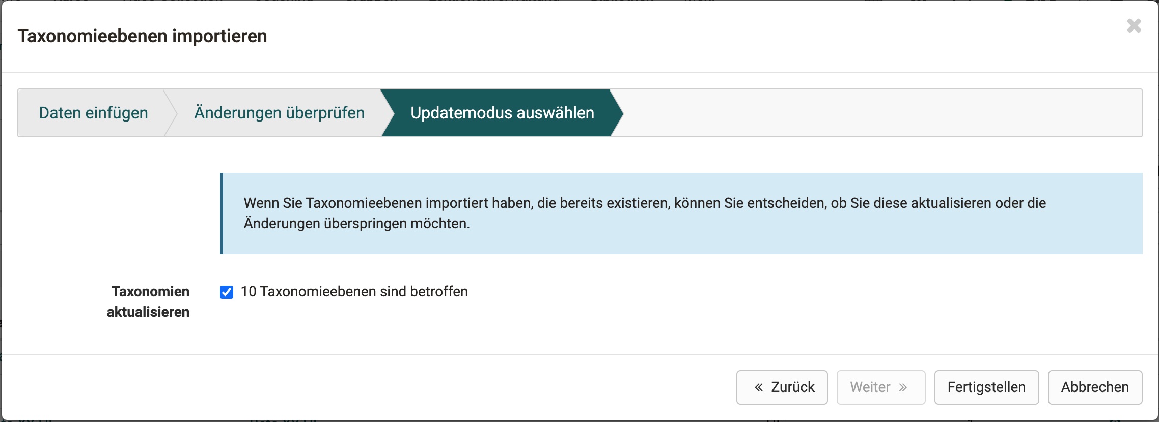 Taxonomieimportdialog Schritt 3 - Überschreiben