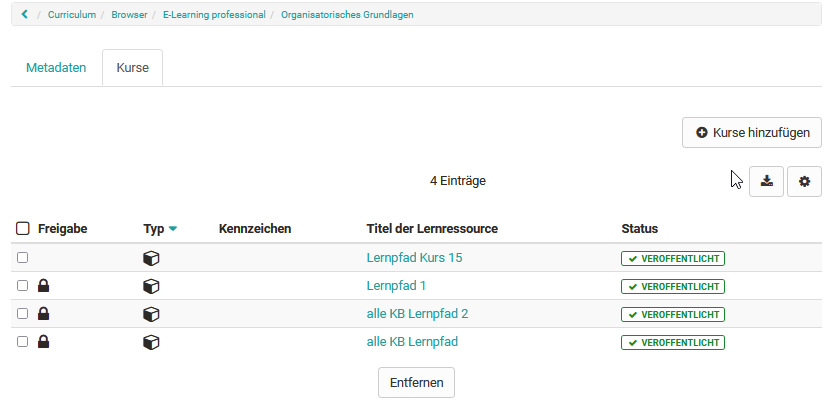 Kurse dem Curriculum hinzufügen