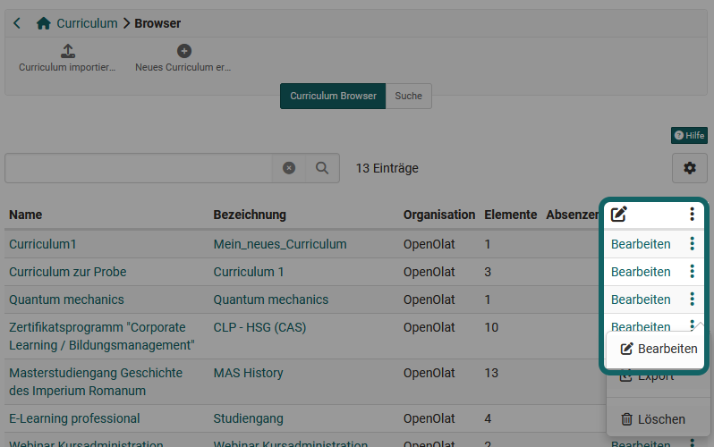 Curriculum bearbeiten
