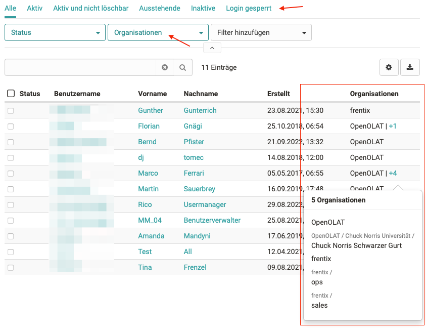 Organisationen und Filter in der Benutzerverwaltung