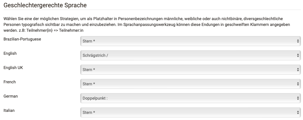 Trennzeichen für gendergerechte Sprache konfigurieren