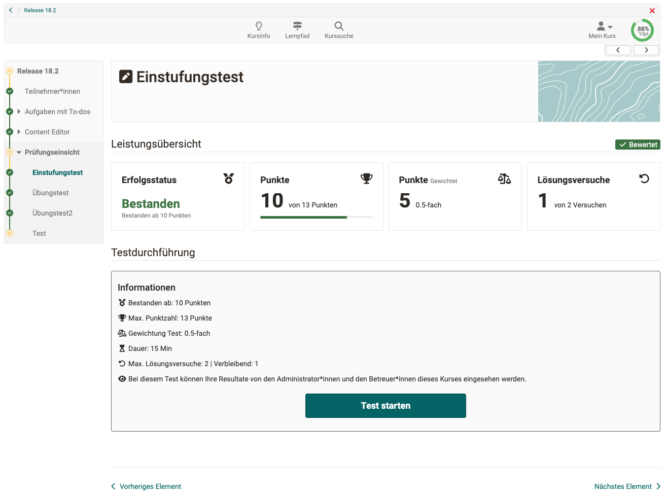 Neugestaltung der Leistungsübersicht und Test-Startseite