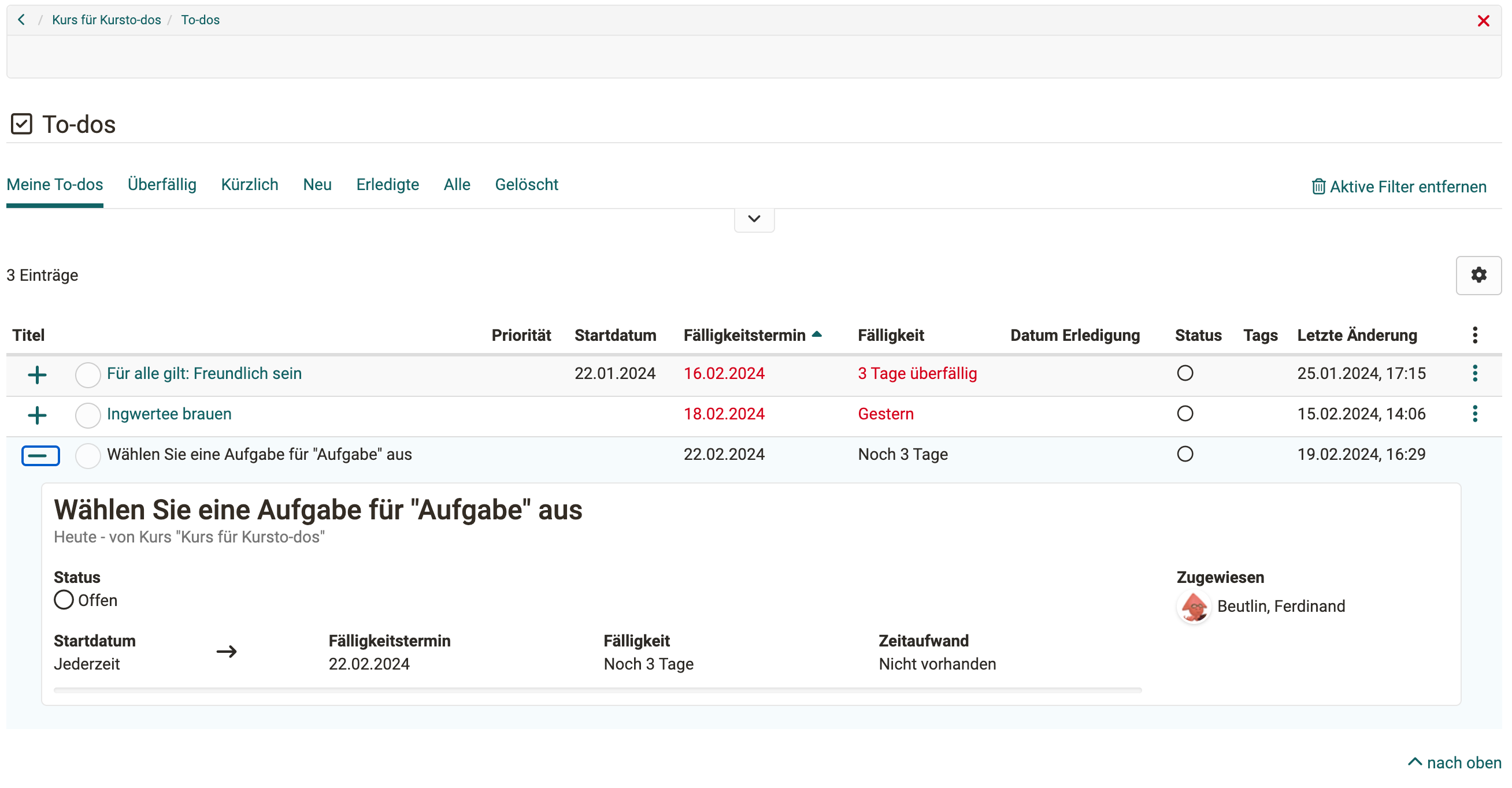 Aufgaben-To-dos - Übersicht für Teilnehmende