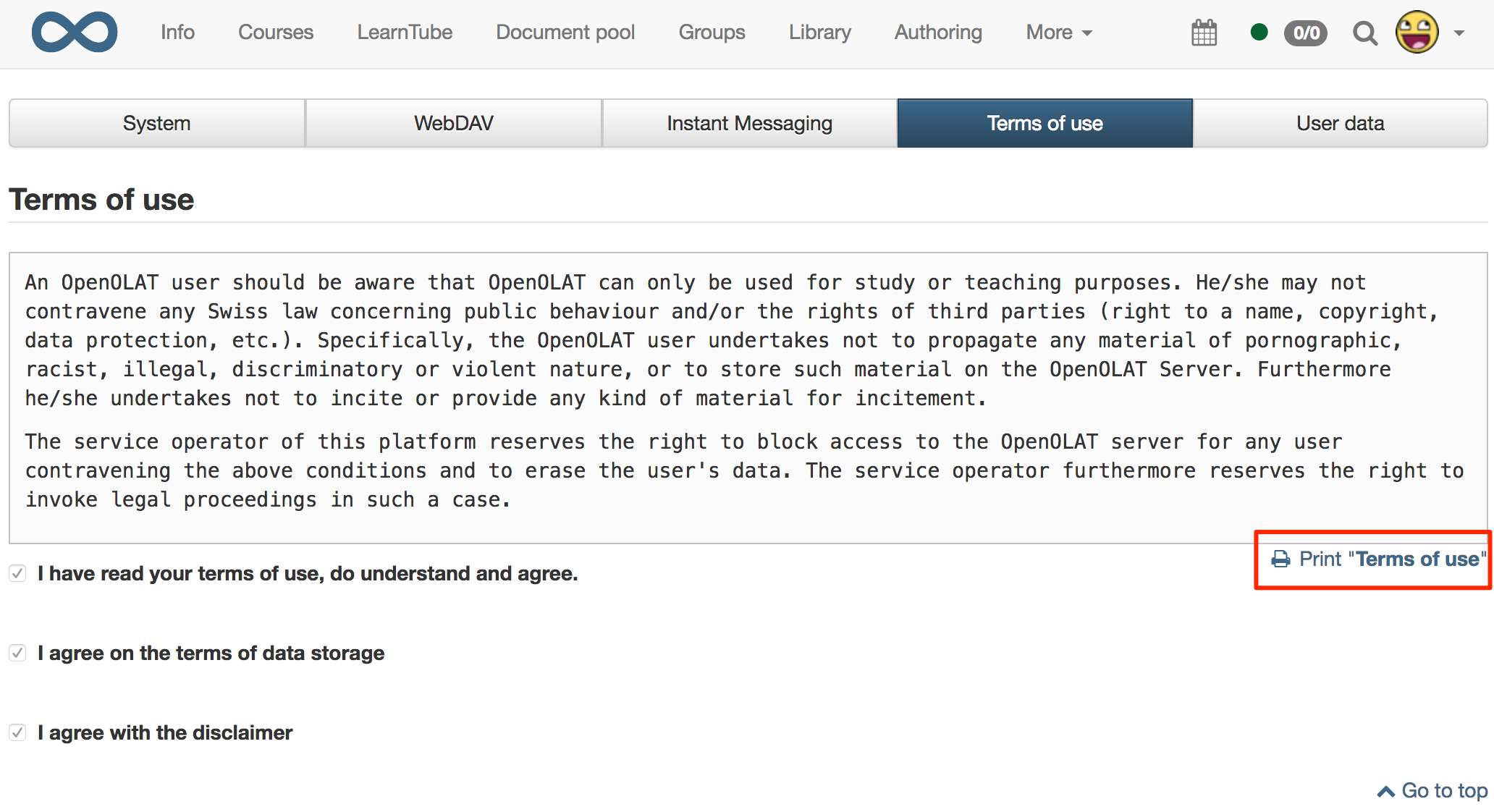 Print Terms of use in user system settings