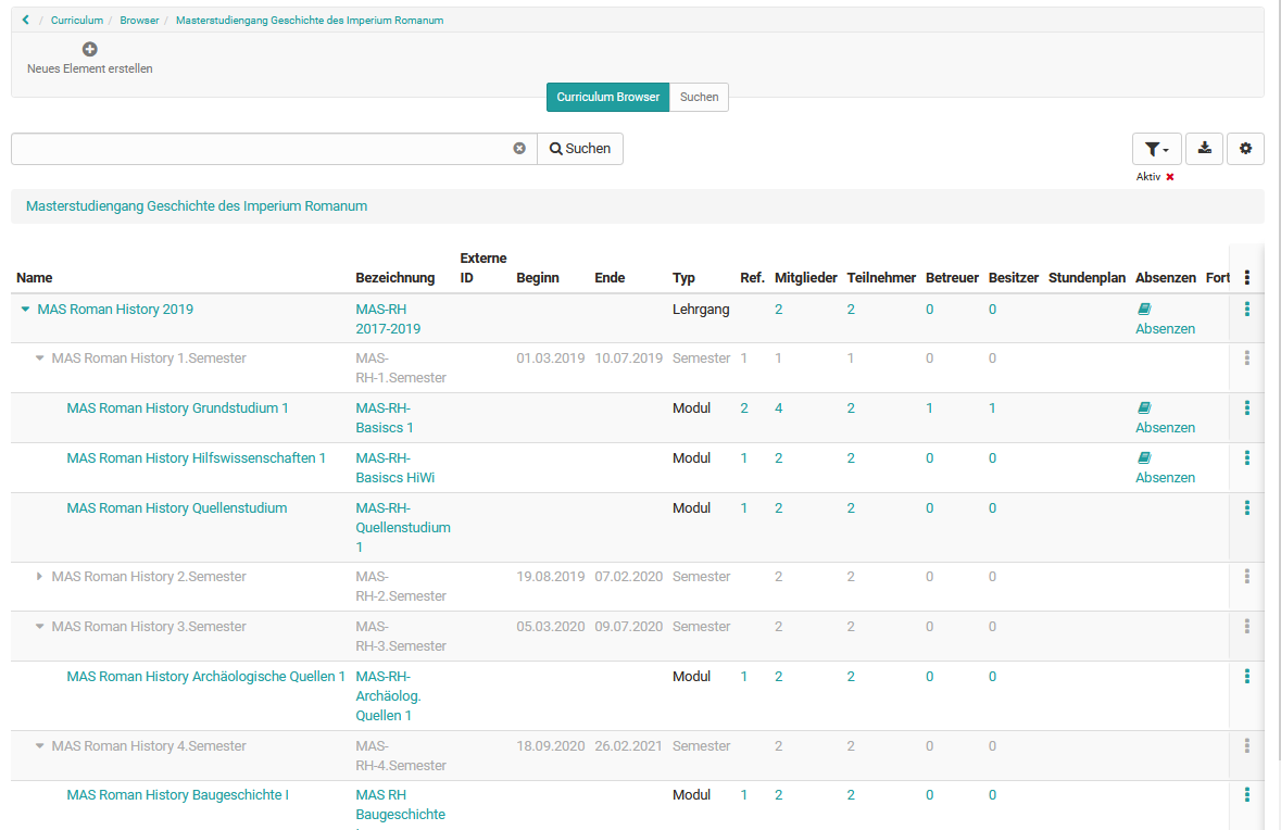 Beispiel eines Curriculums mit Elementen