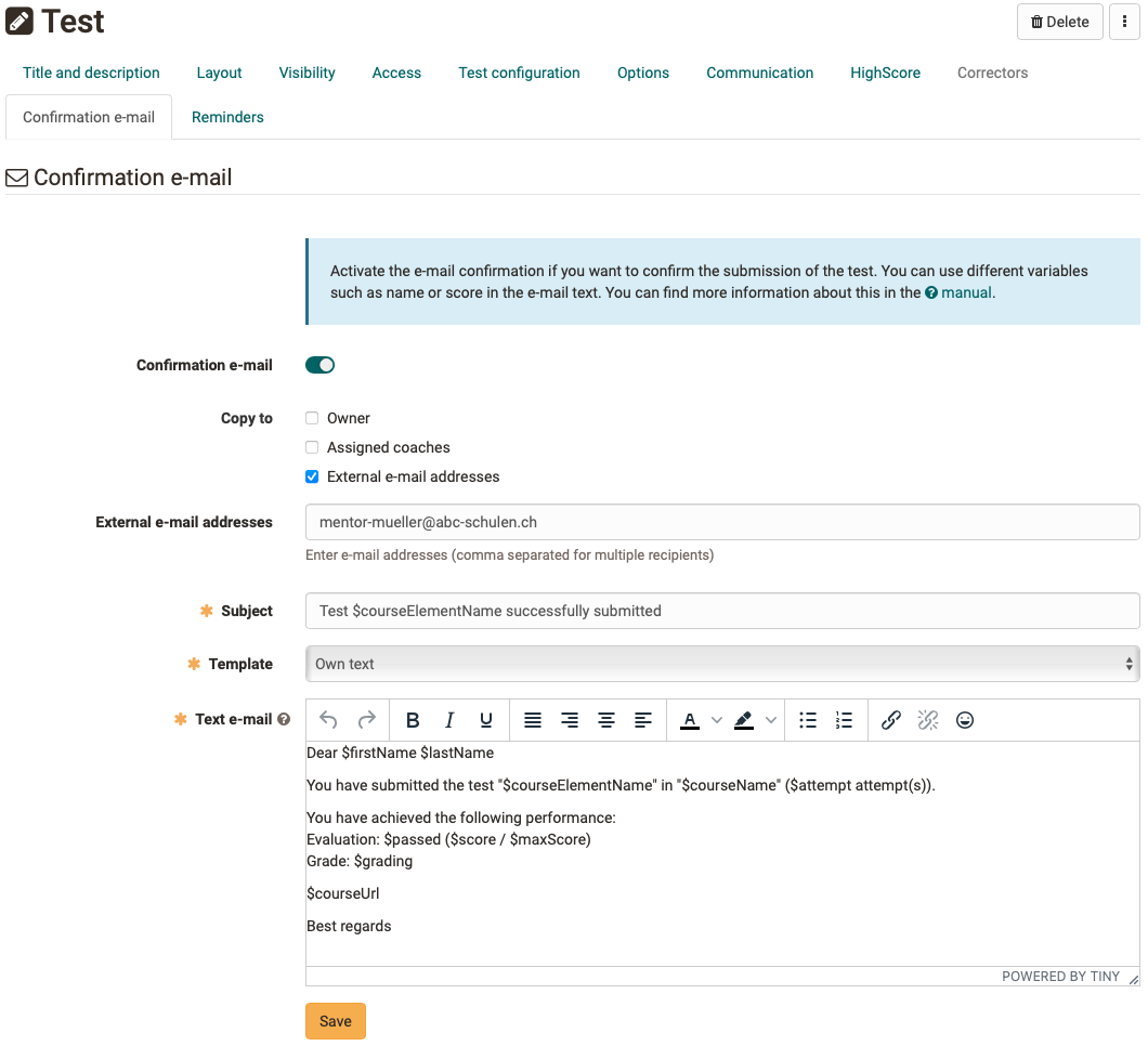 Test module - confirmation mail after submission