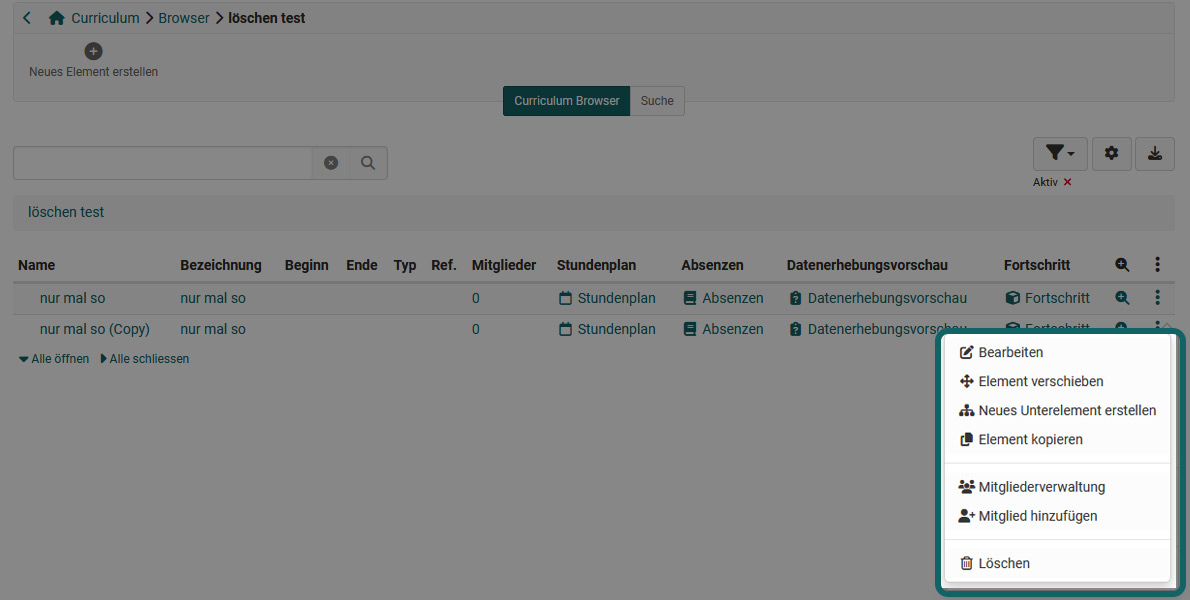 Curriculum Element erstellen