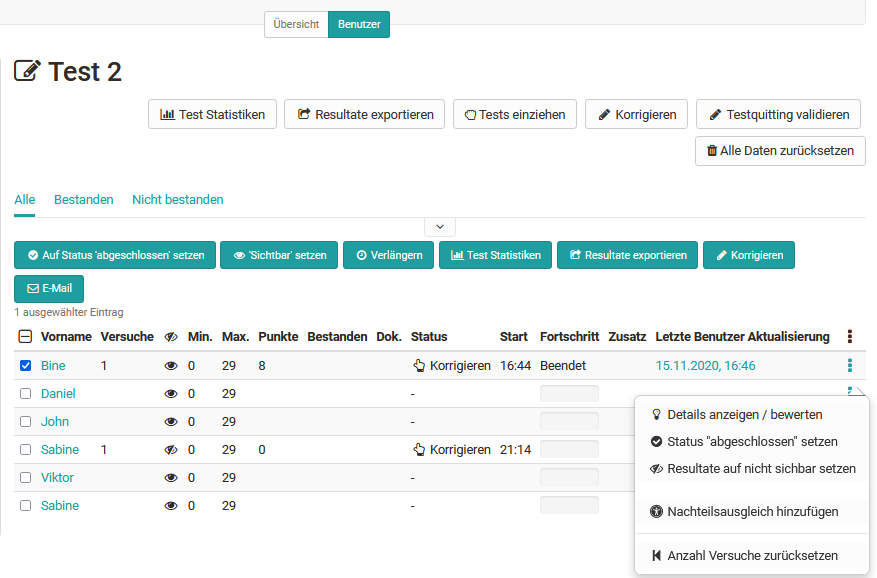 Tests in the assessment tool