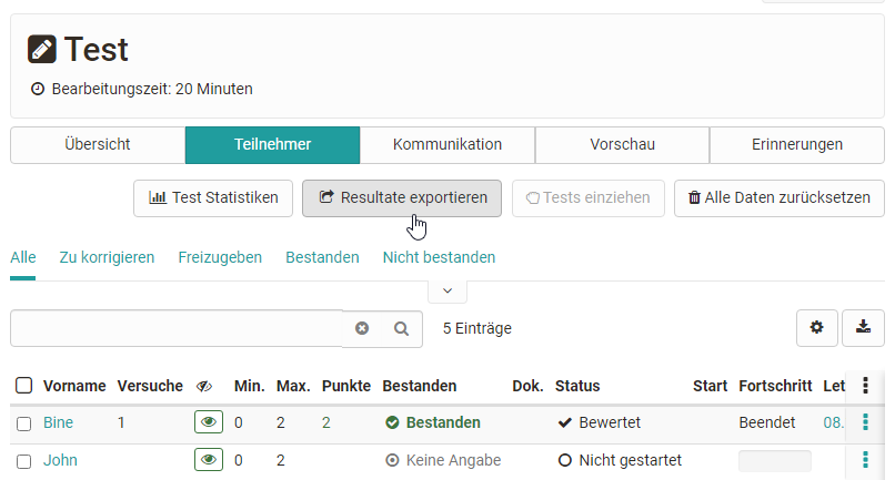 Test Resultate exportieren