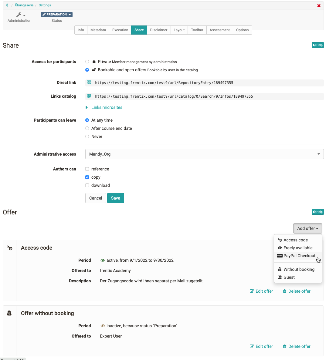 Configuration course share and offers