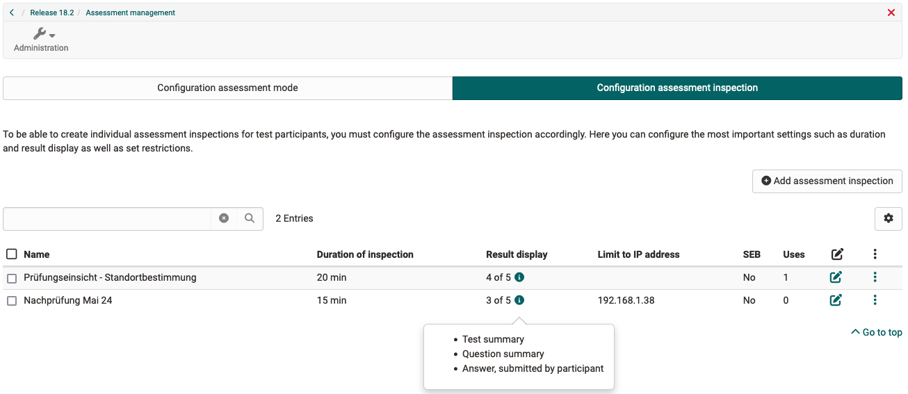 Assessment inspection - Configuration