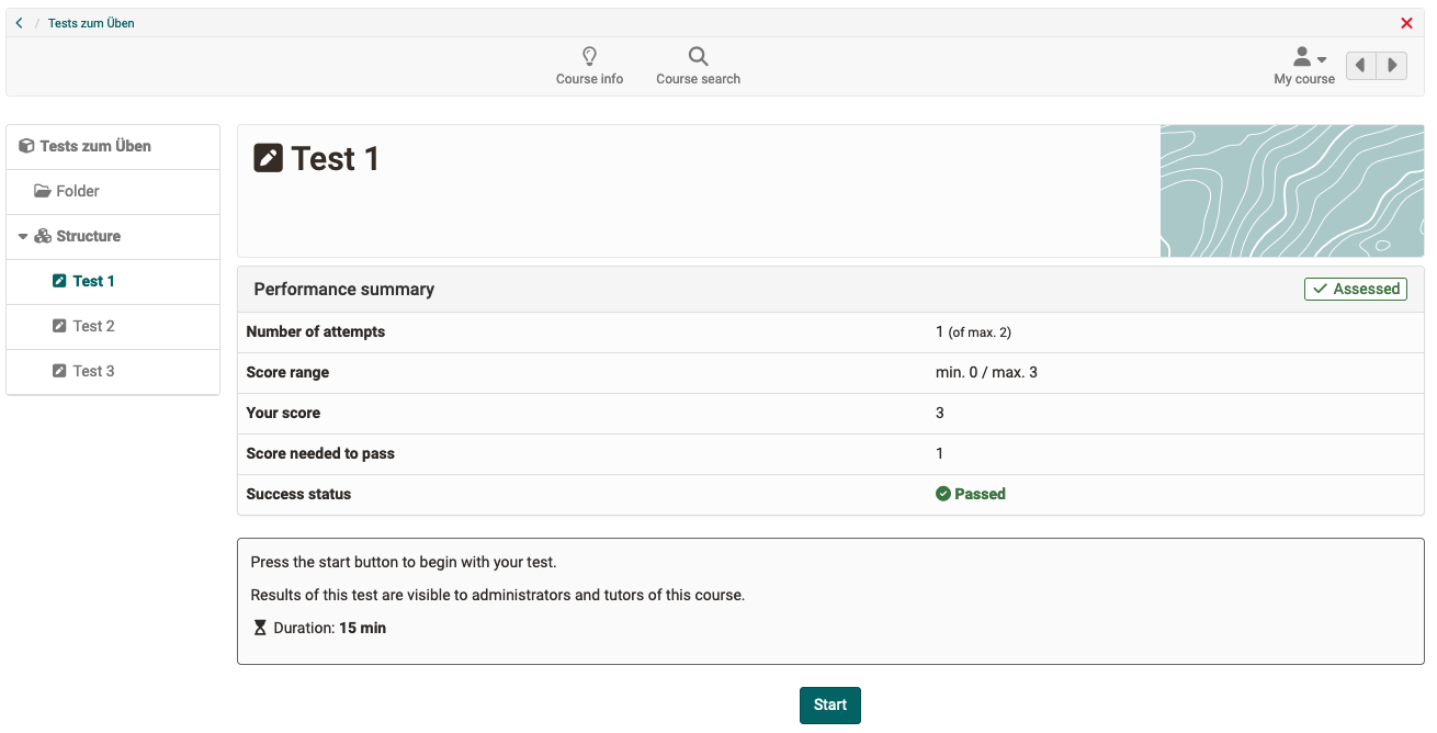 Old design of the performance summary and test start page