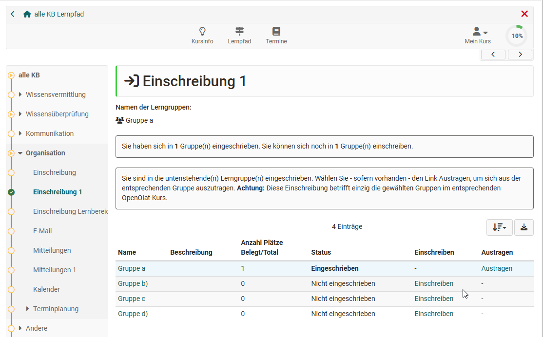Kurs Einschreibung in Gruppe