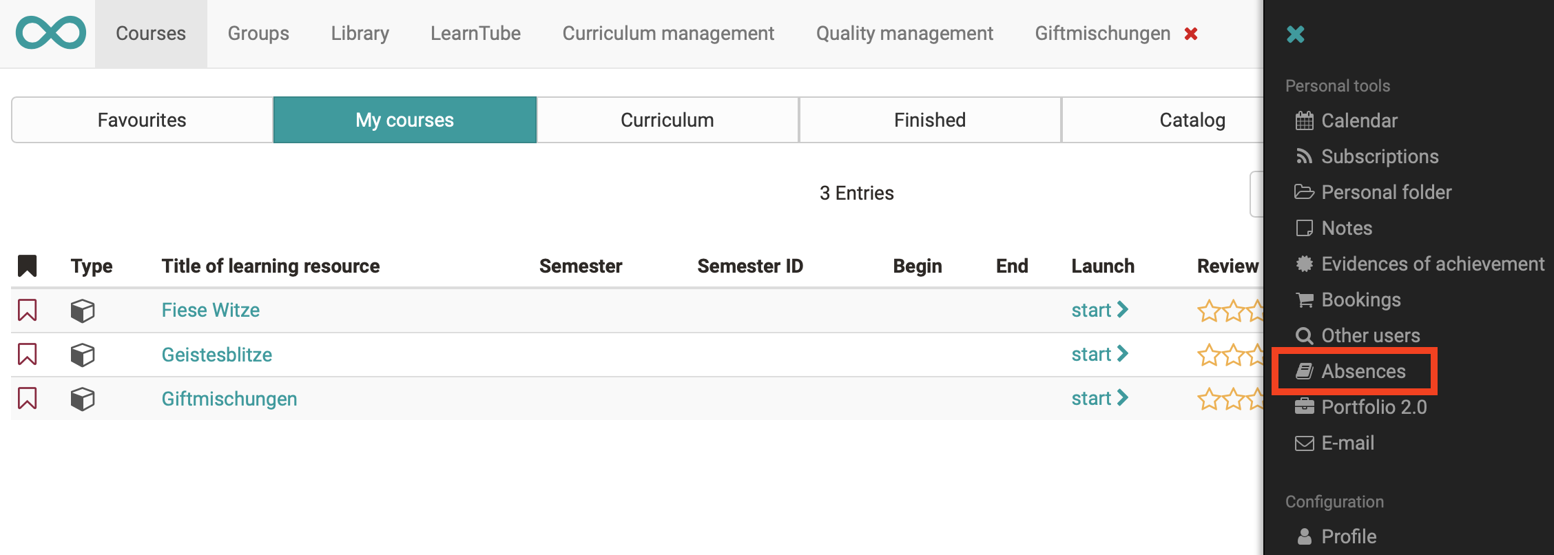Persönliches Menü Absenzen