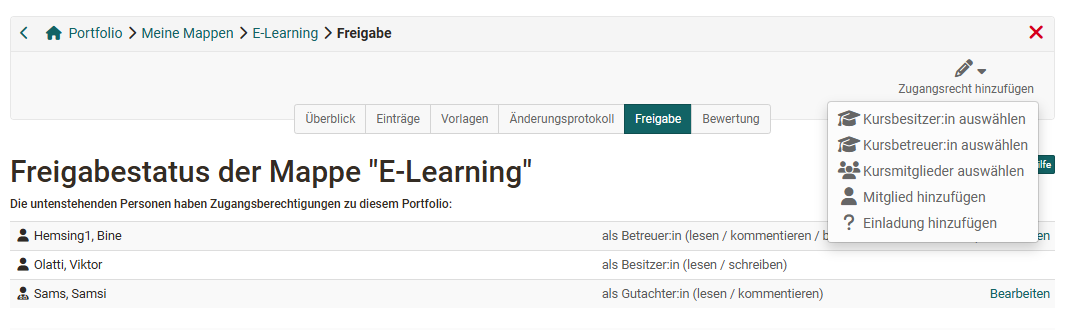 Freigabe Optionen Portfolio