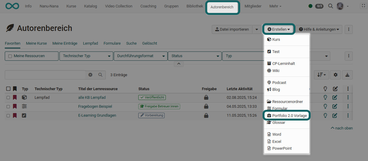 Portfolio Vorlage im Autorenbereich erstellen