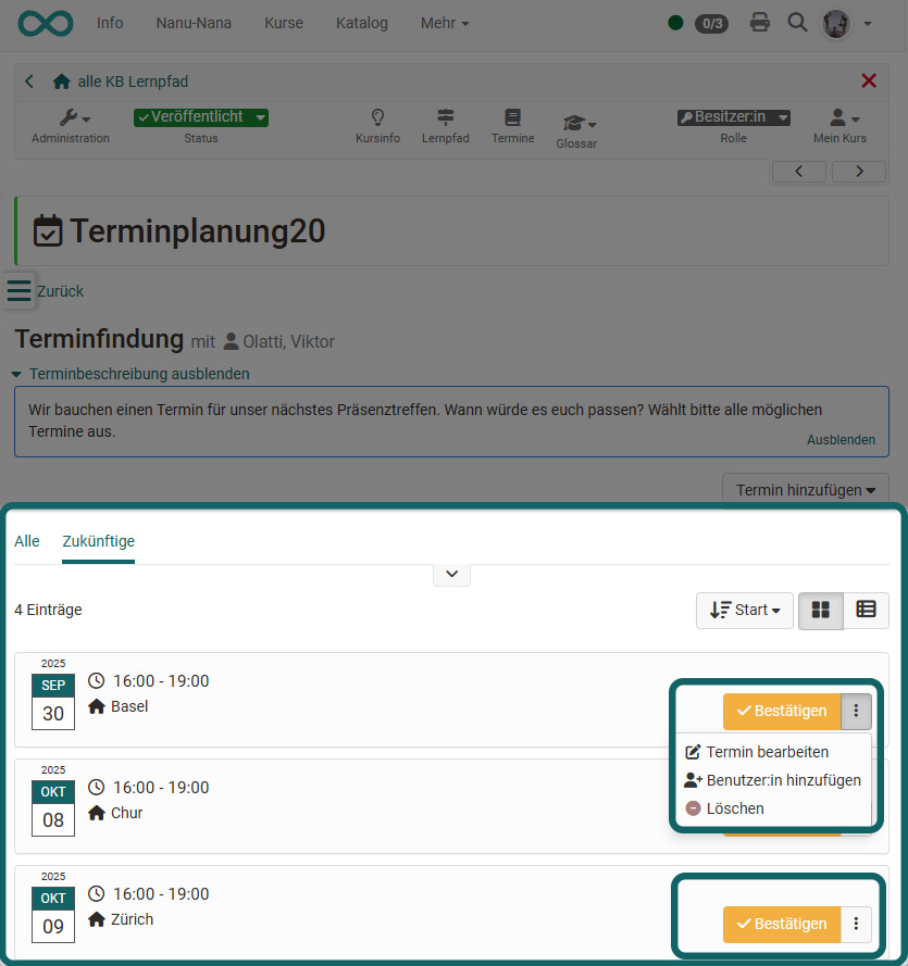 Termine organisieren Punktemenue