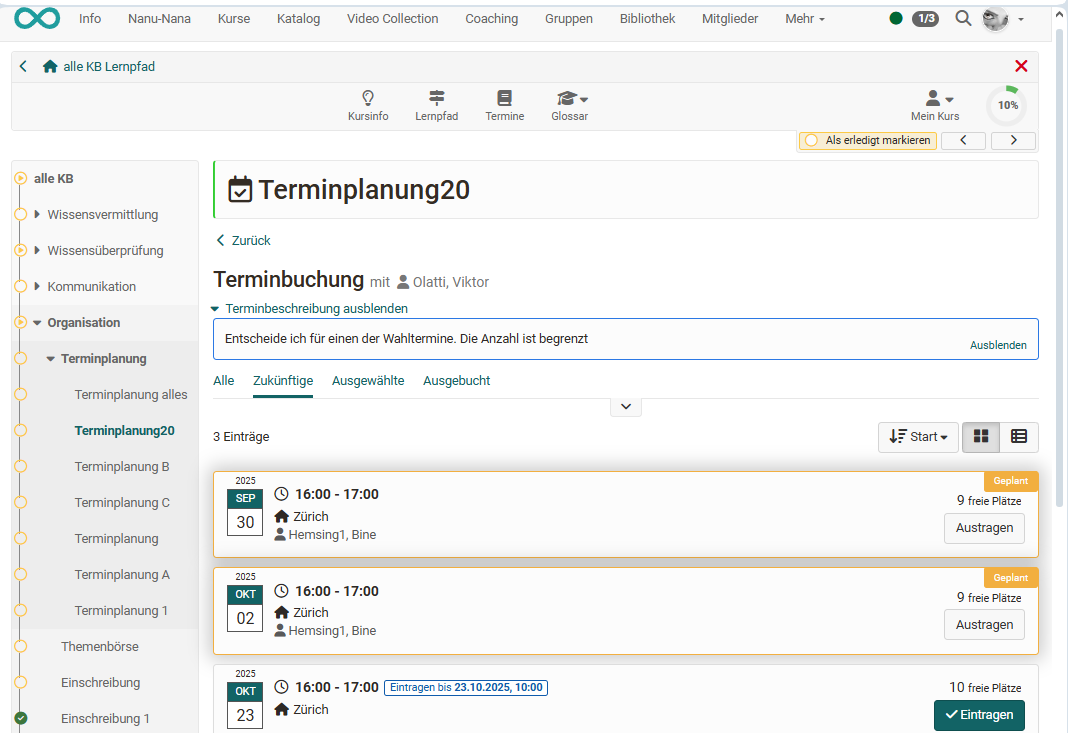 Terminplanung Teilenhmer Auswahl