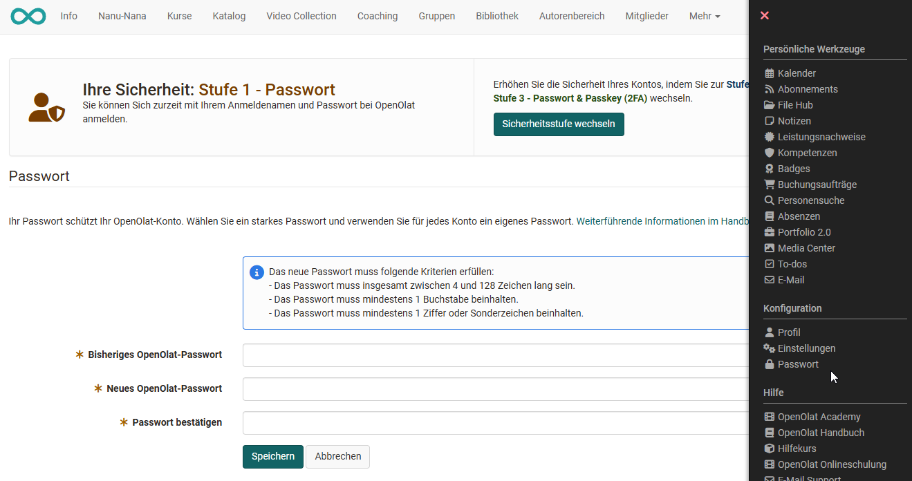 Persönliche Passwort Einstellungen