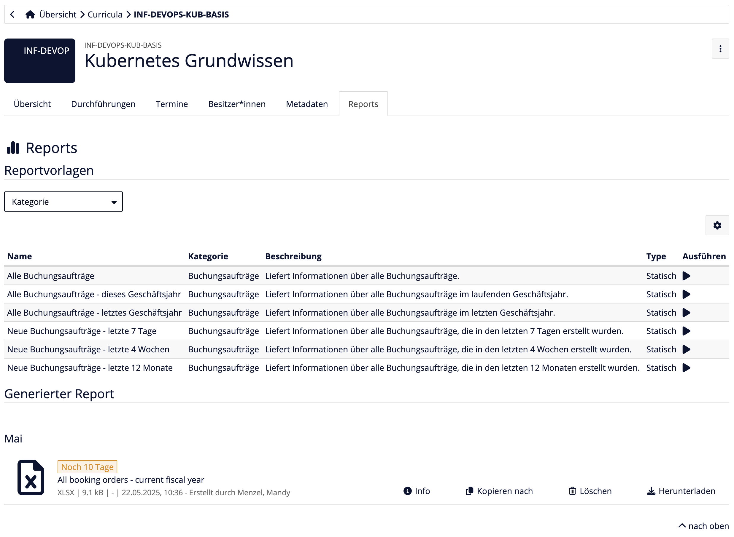 Report-Bereich zu Buchungsaufträgen