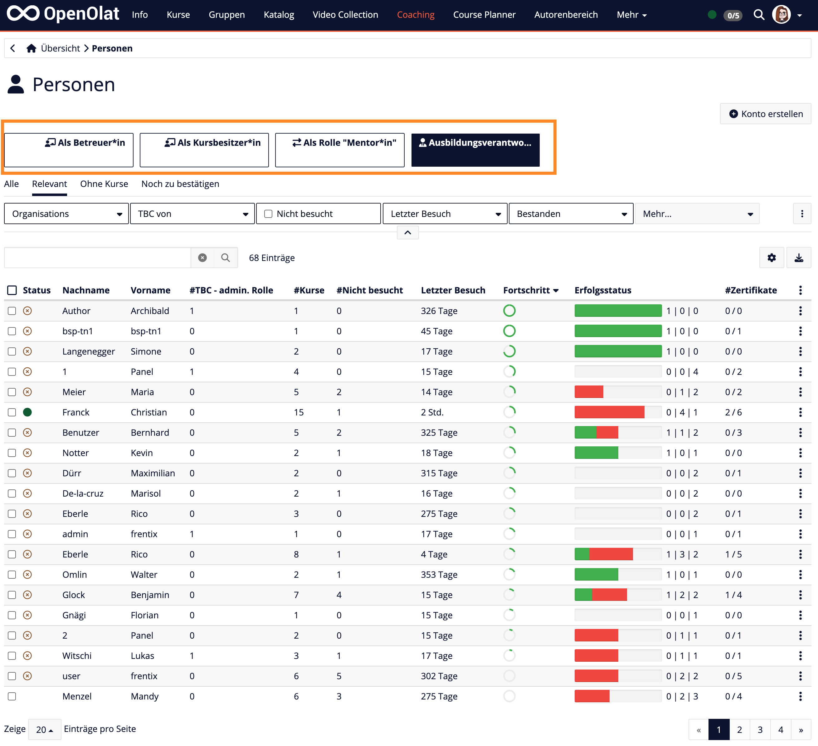 Funktionsbasierte Ansichten im Coaching Tool