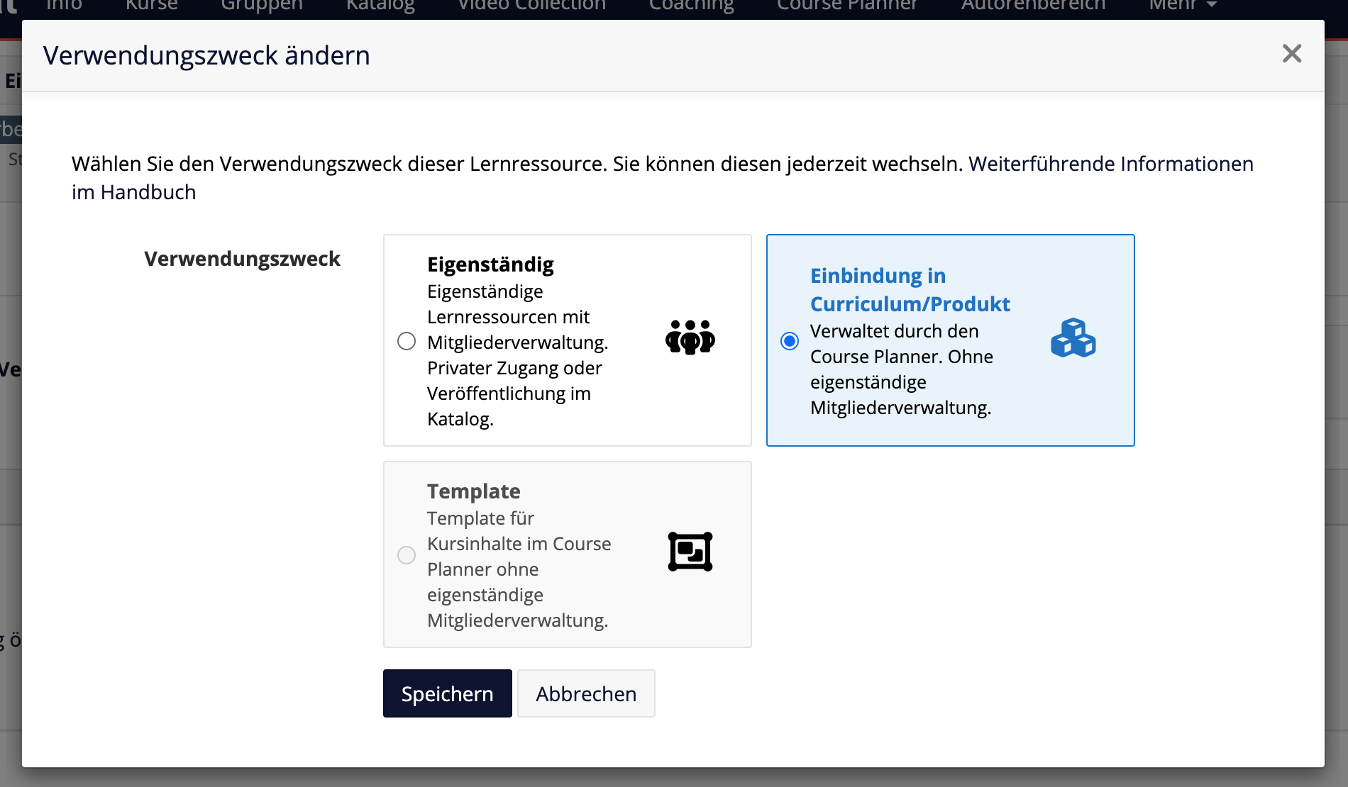 Optionen für den Kurs-Verwendungszweck