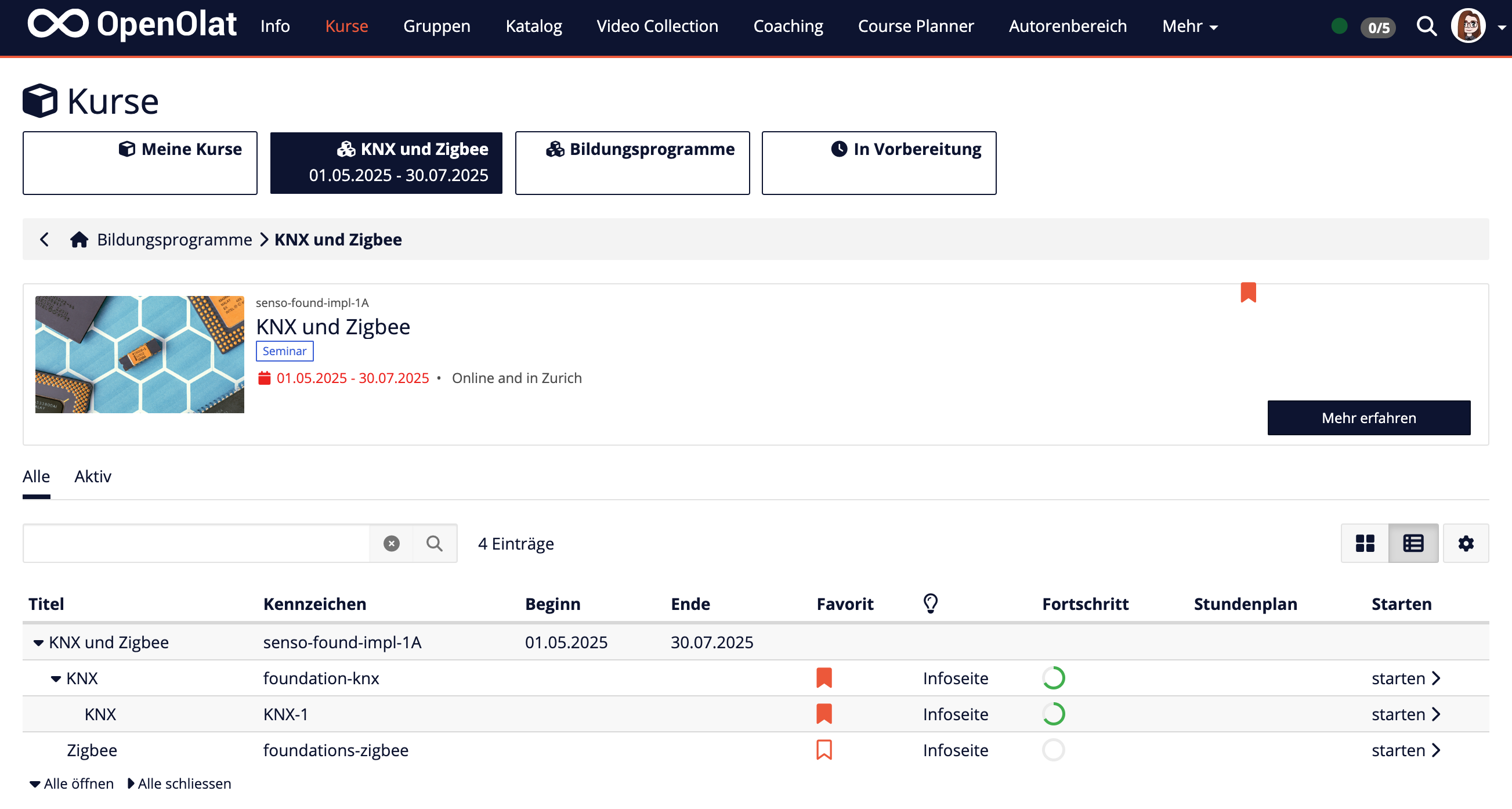 Navigation im Menü Kurse