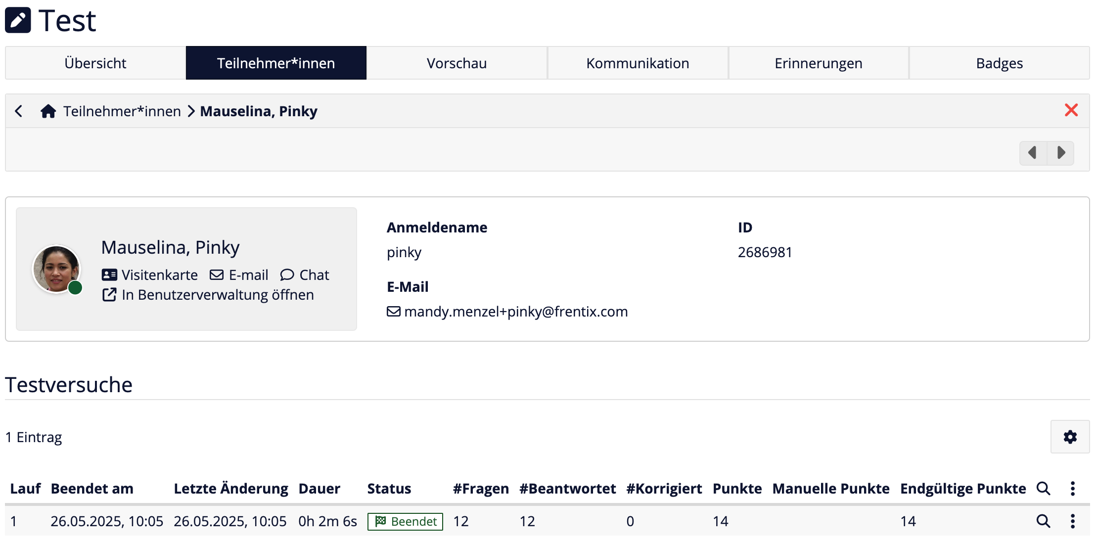 Anzeige der Benutzerinformationen am Test-Kursbaustein
