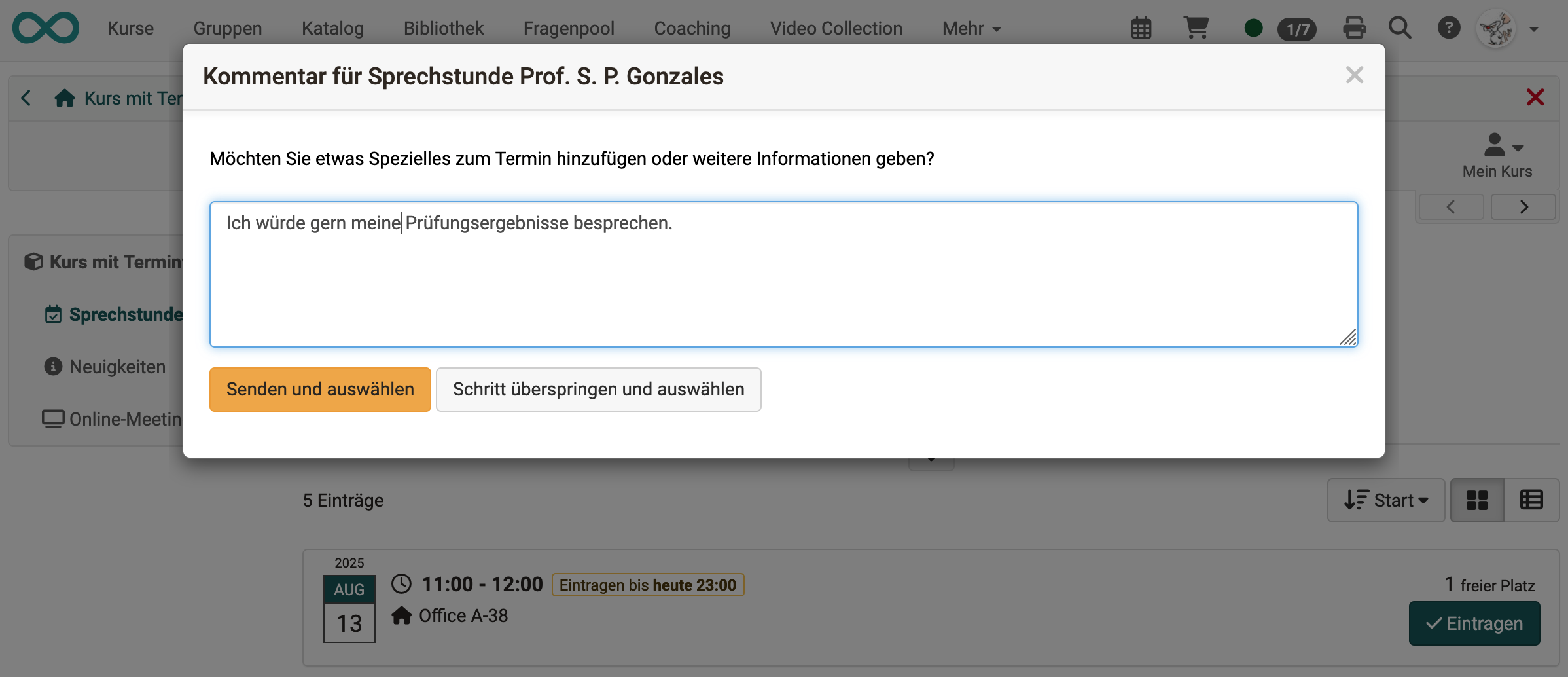 Kommentar bei Terminbuchung
