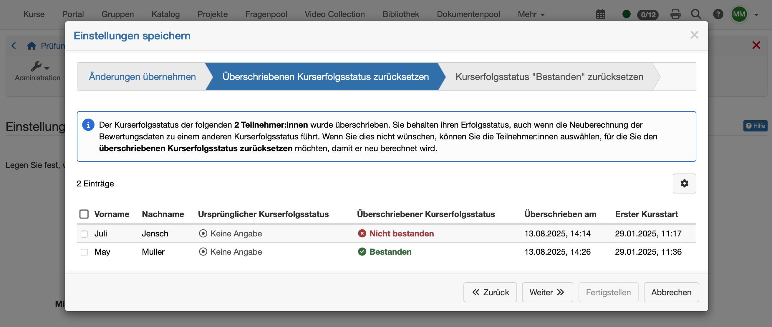 Überschriebenen Kurserfolgsstatus zurücksetzen