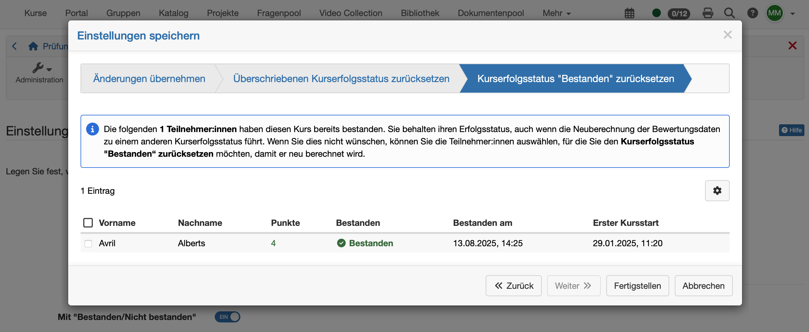 Kurserfolgsstatus Bestanden zurücksetzen