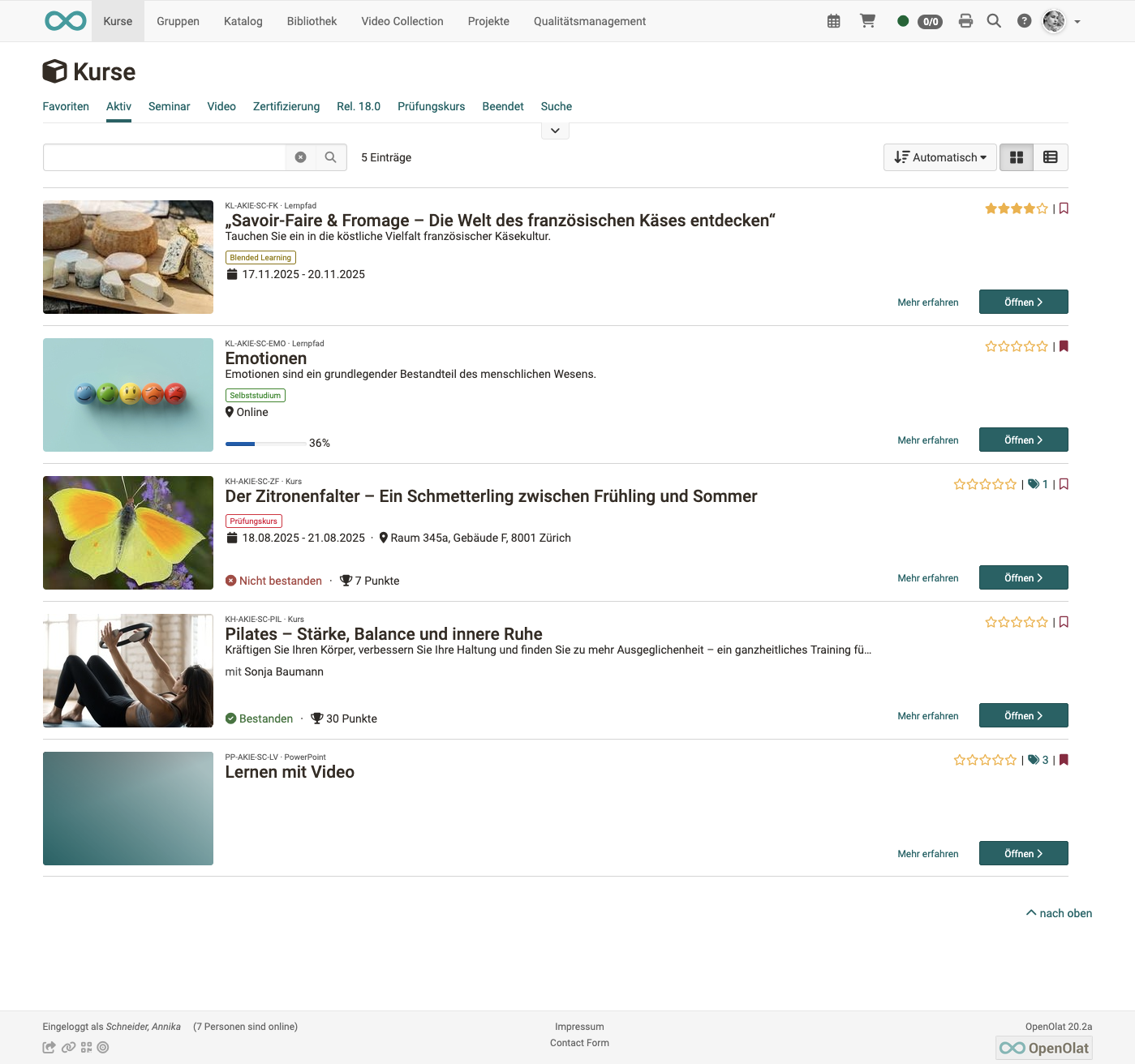 Optimierte Listenansicht im Bereich Kurse