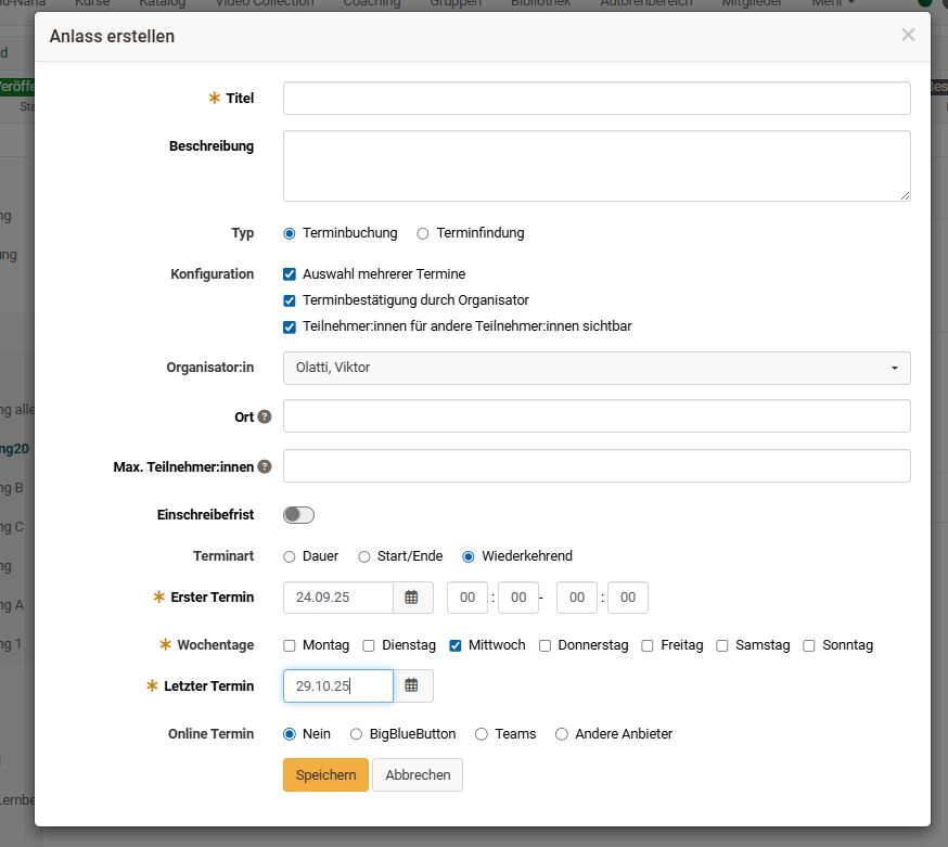 Anlass erstellen, Konfiguration
